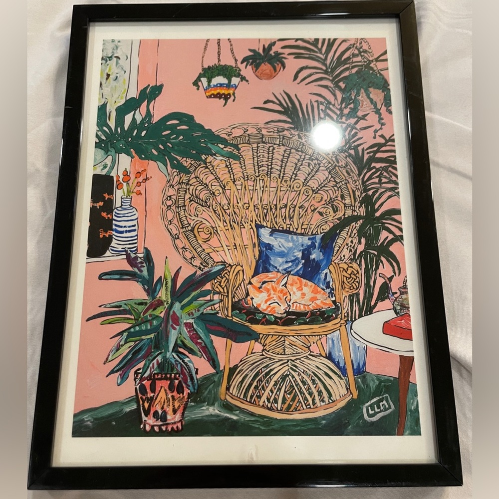 Framed Art Print of Peacock chair and hanging succulent plants‎ with Black Frame